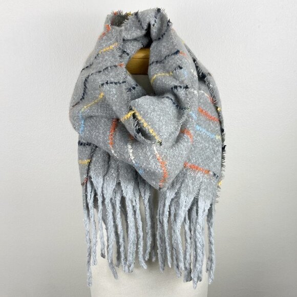 Cozy Super Soft Gray Scarf. Fuzzy striped design, fringe detail - Picture 1 of 8